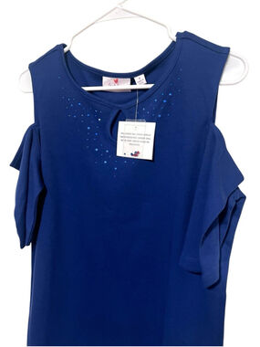NWT Quacker Factory Rhinestone Top Women’s Small Blue Embellished Cold Shoulder